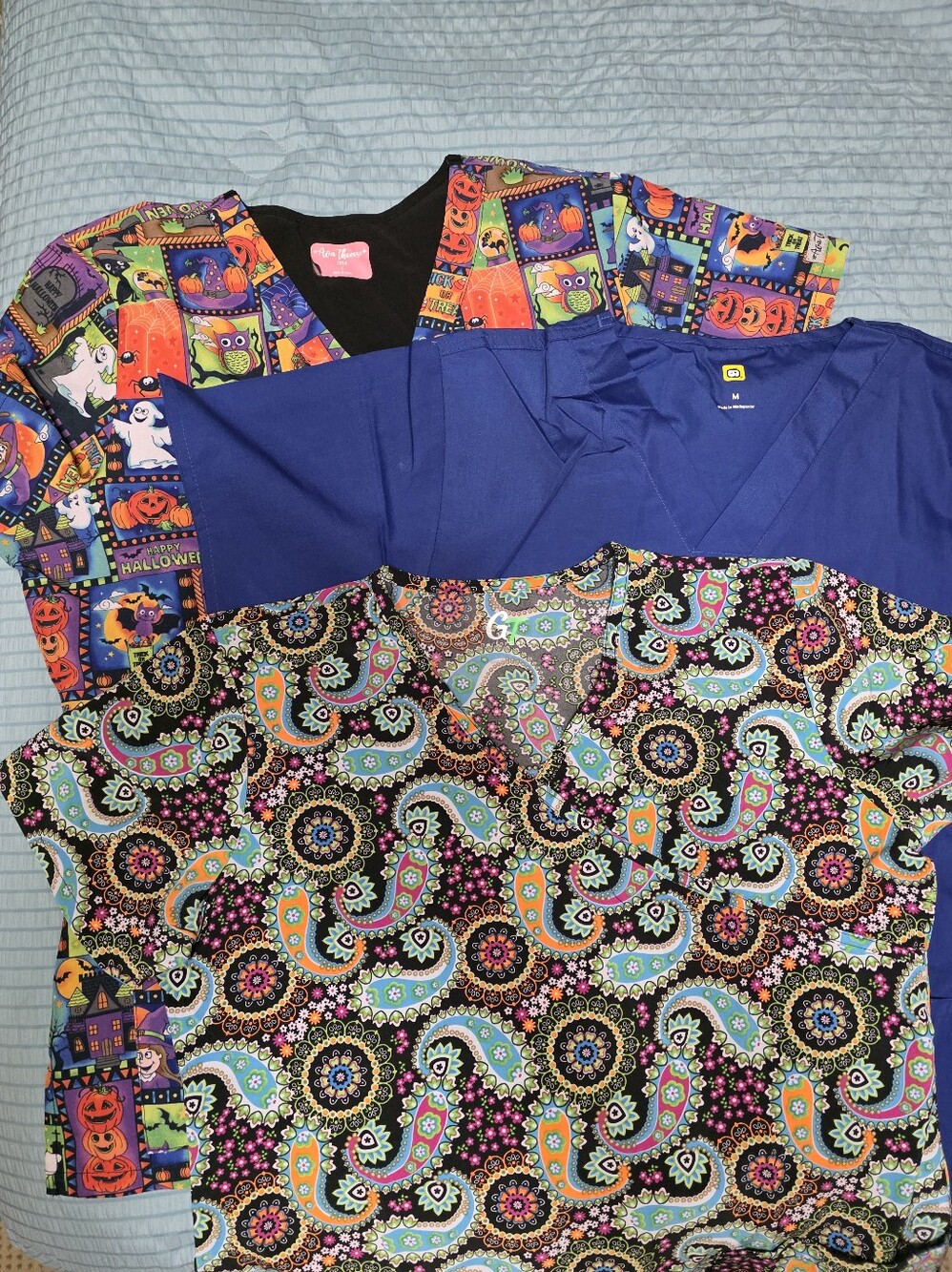 3pc Bundle Colorful Medical Scrub Tops - Paisley, Halloween & Solid Blue